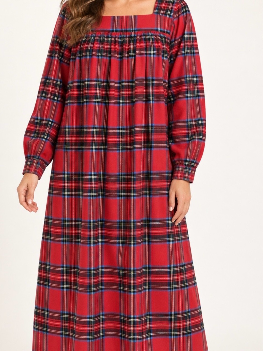 Women’s red tartan plaid Portuguese cotton flannel nightgown vintage inspired